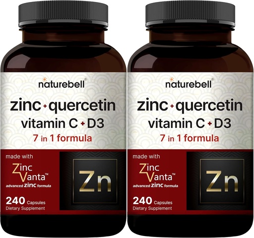 [BRSWYZAEOUHRMHQZ] NataureBell Cinko Quercetin su vitaminu C & D3, 480 kapsulių (2 pakuotės) Bendrijoje; Quercetin 1 000 mg + Cinko 50 mg + Vitaminas C 250mg + Vitaminas D3 5000 TV * 124; 4- in-1 Advanced Immune & Lung Support ® 124; ZincVanta Formulė