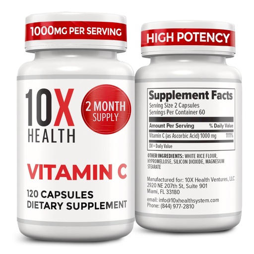 [BRSRAZYTBBYWGYL2] 10X Health Vitamin C 1000mg - 120 Capsules Vitamin C, High Dose Ascorbic Acid for Immunity, Antioxidant Protection, Collagen & Tissue Support for Adults - VitaminC 1000 mg - Non-GMO, Gluten-Free