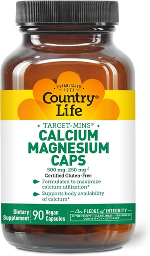 [BRSWIYQZPICQEF34] Country Life Target-Mins Calcium Magnesium Complex - 1000mg Calcium, 500mg Magnesium, Gluten-Free Supplement for Bone Health