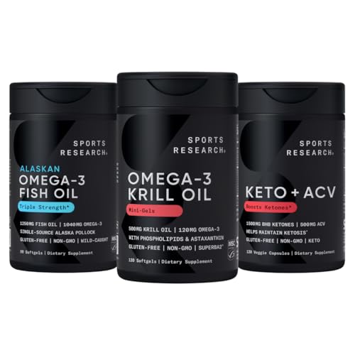 [BRSRAAQQCAPB4FDU] Sports Research Triple Strength Omega-3 Fish Oil, Antarctic Krill Oil + Phospholipids, Choline & Astaxanthin Mini-Softgels, Keto Plus ACV 500mg of Apple Cider Vinegar & 1500mg goBHB Exogenous Ketones