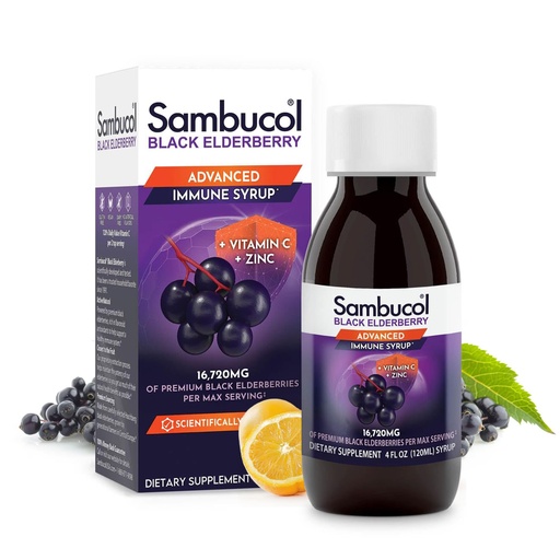 [BRSWYZQTCMHRODLK] Sambucol Advanced Black Elderberry Syrup - Elderberry Syrup with Zinc and Vitamin C for Adults, Immune Support, High Antioxidants, Gluten Free - 4 Fl Oz
