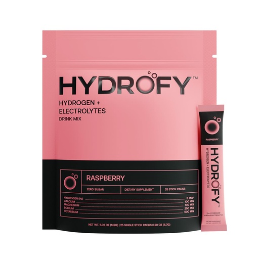 [BRSRAATYBMMRQ2YZ] Hydrofy Hydrogen Water + Electrolytes Drink Mix | H2 Hydration Packets with Molecular Hydrogen, Sodium, Potassium, Magnesium, Calcium, and Minerals | No Sugar | Raspberry 25 Ct