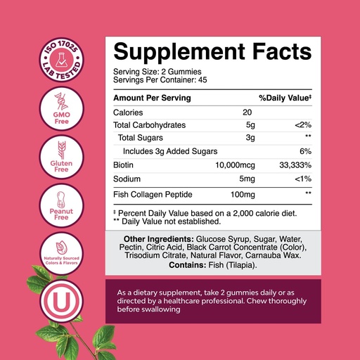 [BRSROHDYBVYGEG3P] Pelle per capelli e chiodi Gummies per le donne - Biotina ad alta resistenza e Gummie di collagene per le donne Supporto per unghie per capelli - Non-GMO Kosher Marine Collagen Biotin 10000mcg per porzione (45 giorni)