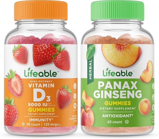 [BRSROFL2BYIQ4G3P] Lifeable Vitamin D 5000 IU + Panax Ginseng, Gummies Bundle - Great Tasting, Vitamin Supplement, Gluten Free, GMO Free, Chewable Gummy