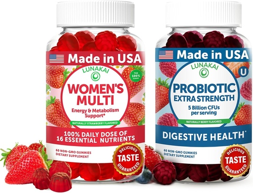 [BRSRABITAR6B4336] Lunakai USA Made Womens Multivitamin & Probiotic Gummies Bundle – 16 Multi Vitamins & Probiotic for Digestion Support – 60ct Each
