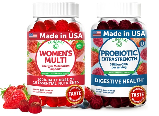 [BRSRABITAR6B4336] Lunakai USA Made Womens Multivitamin & Probiotic Gummies Bundle – 16 Multi Vitamins & Probiotic for Digestion Support – 60ct Each