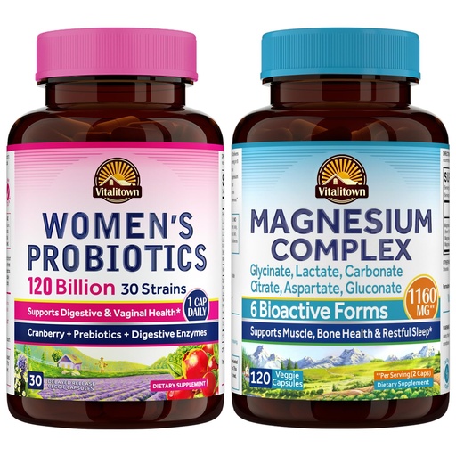 [BRSRAA3YOR6GGALL] Vitalitown Probiotic + Magnesium Bundle (Pack of 2) | Women's Probiotics (Item 1) & Magnesium Complex (Item 2) | 30 Probiotic Capsules & 120 Magnesium Capsules