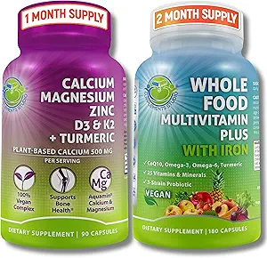 [BRSRAHAYBF7GK3Y7] Vegan Whole Food Multivitamin with Iron + Plant-Based Calcium, Magnesium, Zinc, D3, K2 & Organic Turmeric – Complete Daily Supplement Bundle for Men & Women – Energy, Immunity & Bone Support