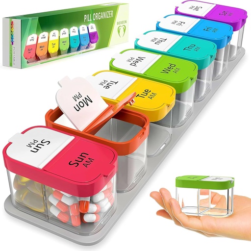 [BRSW2Z36OABA4CQZ] Extra Large Weekly Pill Organizer - XL Vitamin Holder with 7 Detachable AM PM Compartments - Portable Medicine Dispenser for Home and Travel, Big Supplement Container for Weekly or Daily Use, Rainbow