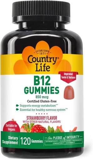 [BRSWKFQIOZ5QK2Y3] Country Life Vitamin B12 Gummies – 850 mcg Cyanocobalamin, 120 Count – Vegan, Gluten-Free Gummy Supplement for Energy Metabolism & Nervous System Support – Natural Strawberry Flavor, 2g Sugar
