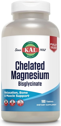 [BRSRMHQKC4HWKFLX] KAL Chelated Magnesium Bisglycinate, 放松的镁补充, Bone 健康, 神经和肌肉功能支持 *, 高吸收, Gentle 文摘, Vegan, Gluten Free, 60 services, 180 片