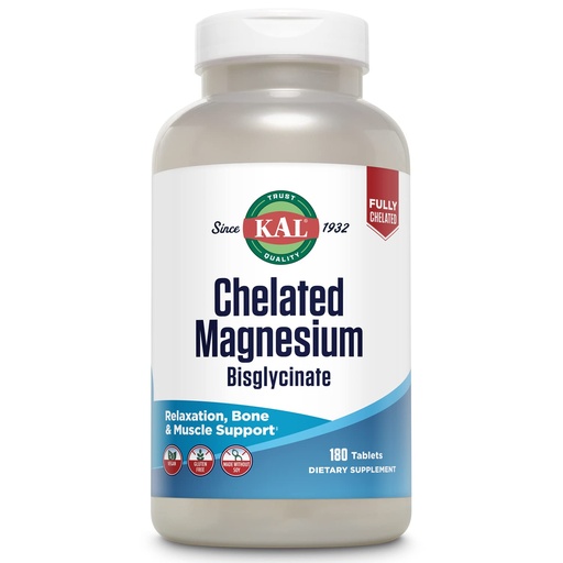 [BRSRMHQKC4HWKFLX] KAL Chelated Magnesium Bisglycinate, Magnesium Supplement for Relaxation, Bone Health, Nerve & Muscle Function Support*, High Absorption, Gentle Digestion, Vegan, Gluten Free, 60 Servings, 180 Tablets