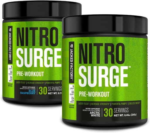 [BRSRAFIQO56BAALD] Jacked Factory NITROSURGE Pre Workout Supplement for Energy, Instant Strength Gains, Clear Focus och Intense Pumps (Blue Raspberry, 30 Servings & Arctic White, 30 Servings)