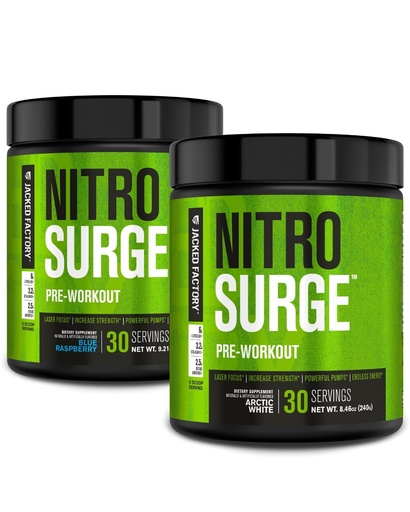 [BRSRAFIQO56BAALD] Jacked Factory NITROSURGE Pre Workout Supplement for Energy, Instant Strength Gains, Clear Focus, & Intense Pumps (Blue Raspberry, 30 Servings & Arctic White, 30 Servings)