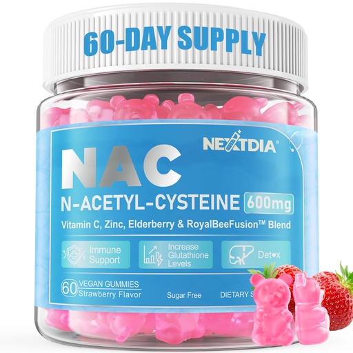[BRSRAA3RORYWGYLD] Nextdia NAC Gummies for Kids & Adults, Chewable N-Acetyl Cysteine Supplement 600mg 1000mg w/Vitamin C, Zinc, Elderberry for Antioxidants & Immune Support, Lung & Liver Health, Sugar Free, 120 Ct