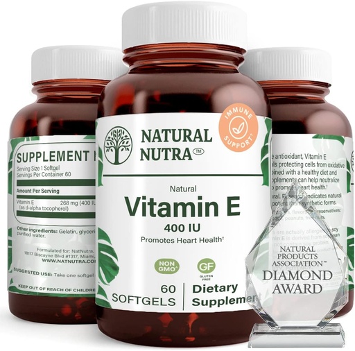 [BRSWIALYCEOBW33I] Natural Nutra Vitamin E 400 IU Supplement, Enrich Health Nutrients, Promotes Skin Health, Enhance Hair & Nails Growth, Supports Body Fat Level, Helps Heart Health & Protects Skin Texture, 60 Soft gels