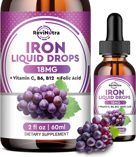 [BRSRAGI5AANAYH3P] Liquid Iron Supplement for Women, Men & Kids - Liquid Iron Drops with Folate, Vitamin C, B6, B12 for Anemia, Red Blood Cell, Energy Support - Grape Flavor, 2 Fl Oz