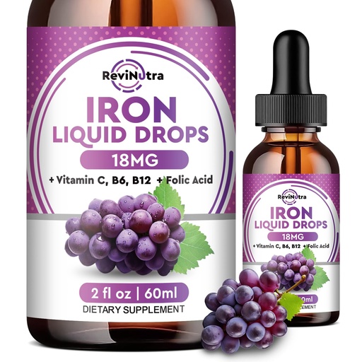 [BRSRAGI5AANAYH3P] Liquid Iron Supplement for Women, Men & Kids - Liquid Iron Drops with Folate, Vitamin C, B6, B12 for Anemia, Red Blood Cell, Energy Support - Grape Flavor, 2 Fl Oz