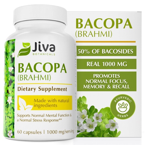[BRSWGGA6AENQG3I3] Jiva Botanicals Bacopa Monnieri Supplement Pure 1000mg per Serving - High Potency Bacopa Monnieri (Brahmi) & Extract for Normal Brain, Focus, & Memory Support - Ayurvedic Herbs - 60 Capsules