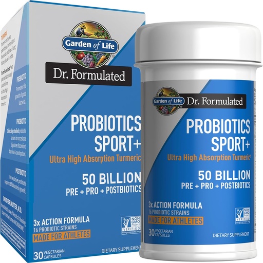 [BRSROGI3DMCWEHTK] Garden of Life Dr Formulated Sport Probiotics Digestive Supplement, Organic Prebiotics for Women & Men Athletes, Clinically Studied Turmeric Curcumin, 50 Billion CFU, Gut Health, Acidophilus, 30ct