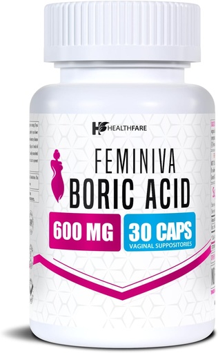 [BRSWGHYKOYMR6C32] Healthfare Feminiva Boric Acid Vaginal Suppositories | 30 Count | 600mg | Intimate Health Support | 100% Pure | Made in USA