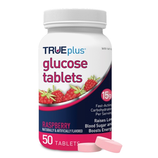 [BRSWIFAMBAGQIHYV] TRUEplus Glucose Tablets, Chewable, Raspberry Flavor, 15g Fast-Acting Carbohydrates, Fat Free, Gluten Free, Boosts Energy, 50 Count
