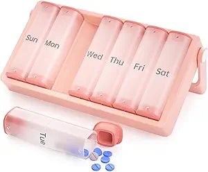 [BRSROCDYOENAYCT6] Weekly Pill Organizer 2 Times a Day, KOVIUU Large Travel Pill Box 7 Day, Am Pm Twice Daily Pill Case with Rotatable Handle, Pill Holder Container for Vitamin, Medicine, Supplement, Fish Oil, Pink