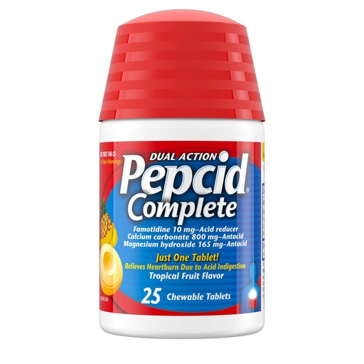 [BRSWGBQ7AABB43I2] Pepcid Complete Acid Reducer + Antacid for Acid Reflux, 10mg Famotidine, 800mg Calcium Carbonate & 165mg Magnesium Hydroxide per Heartburn Tablet, Antacid Chews, Tropical Fruit, 25 ct