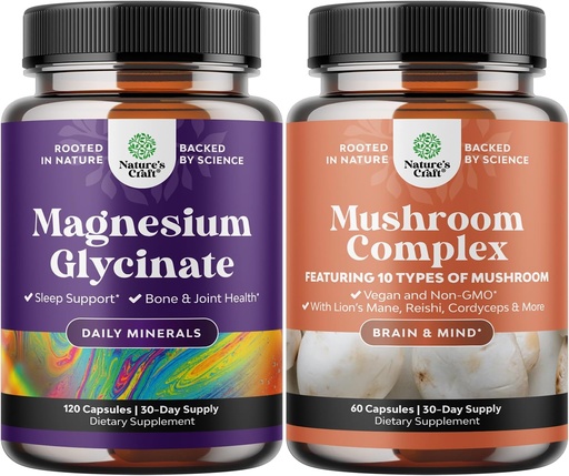 [BRSW2AI7BZYQIDY3] Bundle of Magnesium Glycinate Capsules Mineral and Nootropic Brain Focus Mushroom - Immune Support Bone Health Mood Support - 10X Mushroom Blend for Sugar Balance and Mental Focus