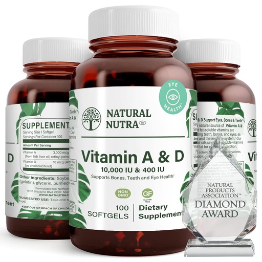 [BRSWGEAEBMAQACTF] Natural Nutra Vitamin A and D, Supports Bone Health & Enhance Eye Health, Promotes Strong Teeth, Improves Vitality, Sourced from Cod Liver Oil, Supports Overall Health, 10000IU/400IU, 100 Softgels