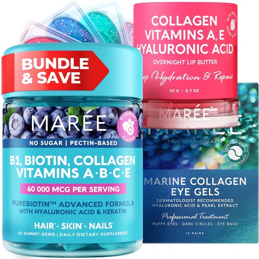 [BRSRAZYNBEHQMD32] MAREE Bundle - Vitamin B1 Thiamine Gummies, Lip Mask, Under Eye Gels - A, E, D, C Vitamins - Collagen & Hyaluronic Acid - Complex for Skin, Nails, Hair - Mask for Dry Lips - Gels for Puffy Eyes