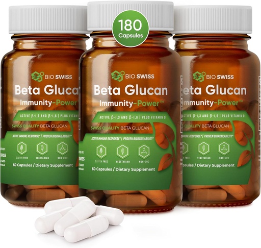 [BRSROHQQA4BW2DIU] Bio Swiss Beta Glucan Immunity Power - 1,3D-1,6D Glucan ar vitamīnu D - Imūnatbalsta papildinājums pastiprinātai aizsardzībai un labsajūtai - Vegan, bez lipekļa (180 kapsulas)