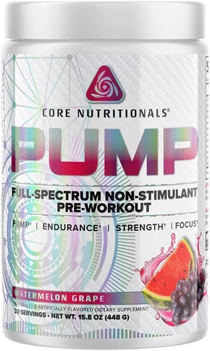 [BRSROZYQAQNB62T4] Core Nutritionals Pump Full-Spectrum Non-Stimulant Pre-Workout, with N03T Nitrate, Peak02, Alpha GPC, for Maximum Pump, Strength, and Performance 20 Servings (Watermelon Grape)