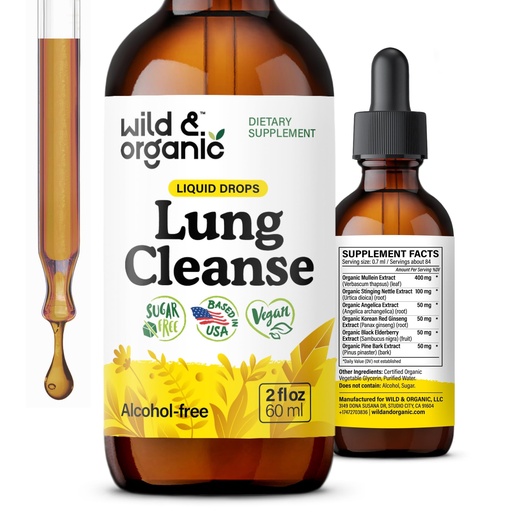 [BRSROY37AQIB62TO] Wild & Organic Lung Cleanse Tincture - Mullein Leaf Extract for Lungs - Herbal Detox Supplements - Vegan, Sugar & Alcohol-Free Mullein Drops - 2 fl oz