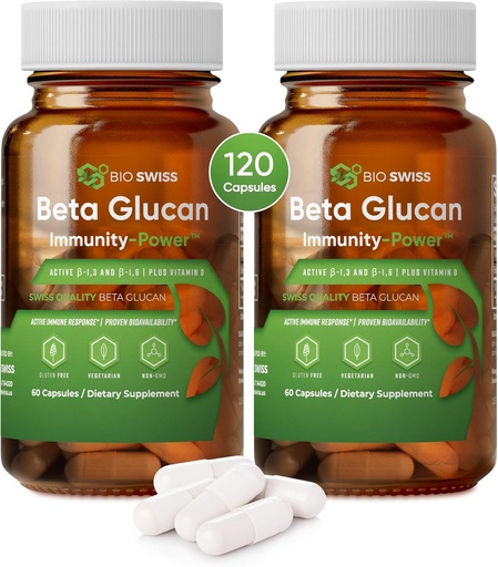 [BRSROHYBDIBQYCIY] Bio Swiss Beta Glucan Immuniteetti Teho - 1,3D-1,6D Glucan D-vitamiini - Immunosupport Supplement for Enhanced Defense and Wellness - Vegaani, Gluteeniton (120 kapselia)
