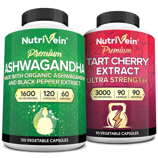 [BRSRABATBUNQIHQ2] Nutrivein Premium Ashwagandha Capsules & Tart Cherry Capsules Bundle: High-Absorption Tart Cherry Extract and Ashwagandha Supplements for Recovery, Balance, and Vitality