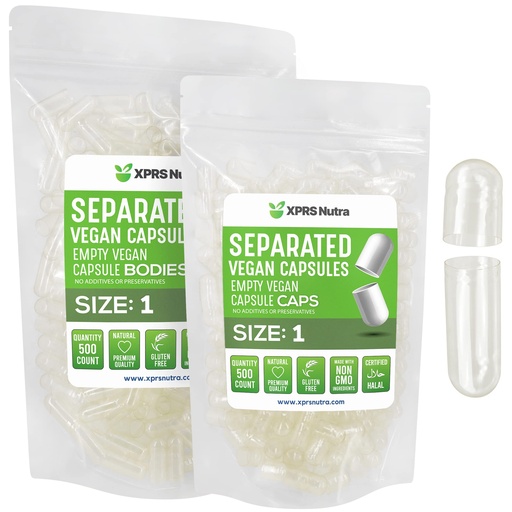 [BRSW2H36CIPAOFLD] XPRS Nutra Vegan Size 1 Separated Capsules - 500 Count Premium Empty Capsules Separated in Bags - Clear Pills 1 Empty for DIY Supplement Filling