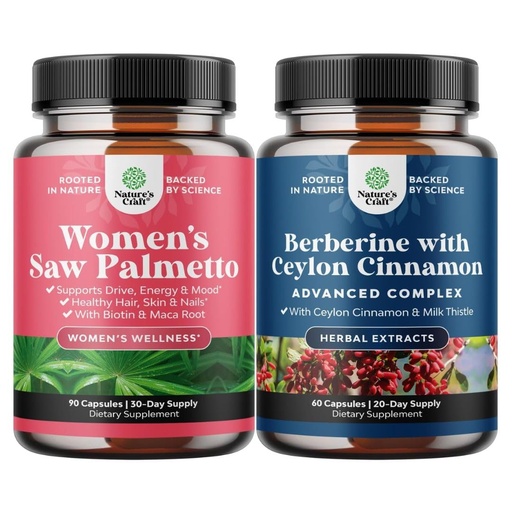 [BRSRMAAYAF4AMHTH] Bundle of Extra Strength Saw Palmetto for Women and Balancing Berberine Plus 1200mg Complex - DHT Blocker Thickening Hair Vitamins for Hair Loss - Antioxidant Berberine with Ceylon Cinnamon Capsules