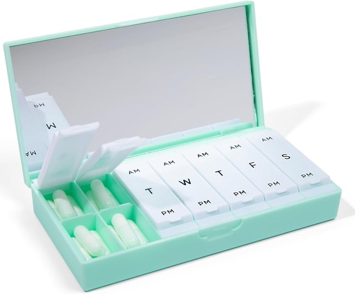 [BRSRAYDYO4GROA3P] PORT X POLISH Designer Weekly Pill Box Organizer (AM/PM 2X Daily, Mint) | Compact, Stylish 7-Day Vitamin Supplement Case | Cute Portable Mini Travel Medicine Carrier | BPA-Free Pillbox Caddy