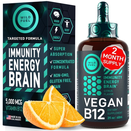 [BRSWYBIYAAFWE2Q6] Vegan Vitamin B12 Liquid Drops - Fast-Acting 5000 mcg Methylcobalamin B12 Sublingual Supplement - Energy, Memory and Mood Support - High-Potency One-Dropper Per Day - Natural Citrus Flavor - 2oz