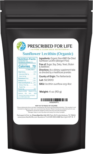 [BRSWGAT4CMCGGDQU] Prescribed for Life Organic Sunflower Lecithin Powder, Natural, Gluten Free, Vegan, Non GMO, Soy Free, Kosher, Lecithin supplementrich in Choline &apos; Essential Fatty Acids (4oz / 113g)