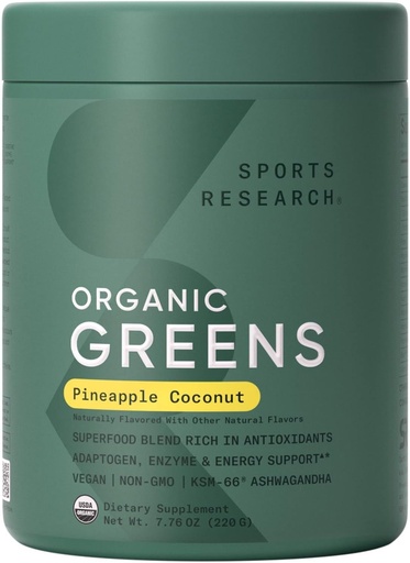 [BRSRAHT6OZ6AMDQ2] Sports Research® Organic Pineapple Coconut Greens - Digestive Health, Natural Energy & Mood Support* - Certified Organic Powder - 20 Servings