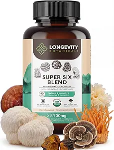 [BRSWYYIRBZ6WK3YU] Organic Super Six Mushroom Blend Capsules Supplement (90) | Fruiting Body Extract Complex | Lions Mane, Turkey Tail, Cordyceps, Reishi, Chaga & Tremella | 35% Beta-D Glucans | Overall Wellness Support