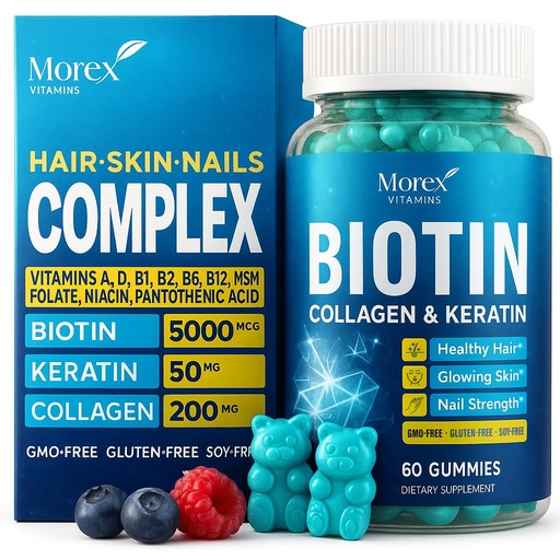 [BRSW2HYEPN6BO3DO] Biotin Gummies with Collagen & Keratin - Hair Growth Support, Skin and Nail Strength Vitamins for Women & Men - Vitamin B7 + B-Complex, MSM, Bamboo Extract - Beauty Chew Supplement - 60 Gummy Bears