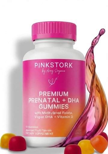 [BRSROFT3CB6WG2Q7] Pink Stork Premium Prenatal Gummy Vitamins | Vegan Algae DHA + Methylated Folate + Methylcobalamin | MTHFR-Friendly | No Iron | No Fishy Aftertaste | 60 Vegan Gummies, 30-Day Supply