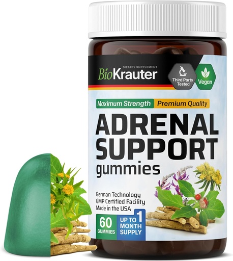 [BRSRMEIBBAARYFD2] BIO KRAUTER Adrenal Support Gummies - 60 Chews - Rhodiola & Ashwagandha Gummies with Vitamins C, B6, B12 - Vegan Mood Support Supplement