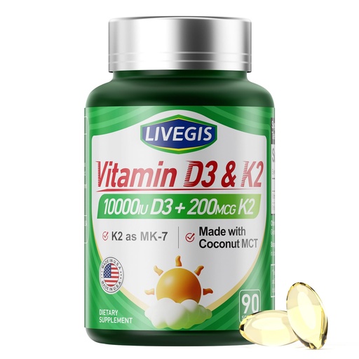 [BRSRAGL2BYPWKETO] Vitamin D3 K2 Softgels, D3 10000 IU with K2 (MK-7) 200 mcg with Coconut Oil Softgels, Easy to Swallow 2 in 1 Vitamins D & K, Supports Calcium Absorption, Immune and Heart Health - 90 Counts