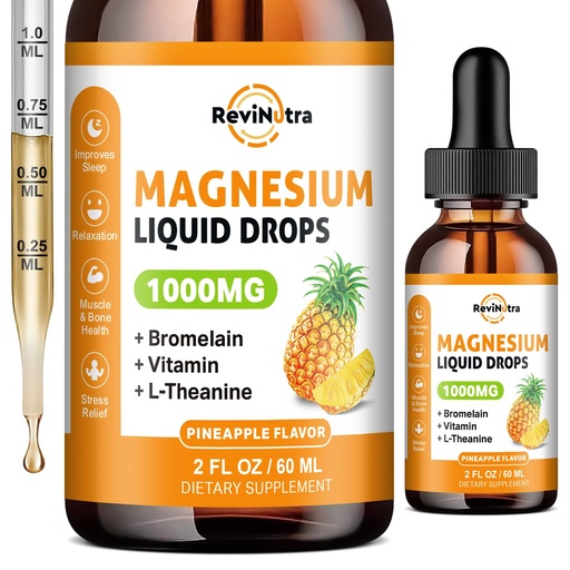 [BRSROCYTBUBRA3DP] Magnesium Glycinate Liquid Drops, 1000mg of Liquid Magnesium Complex Supplement for Sleep, Nerve, Energy, Muscle, Bone, Calm & Digestion, High Absorption, 2 Fl Oz, Sugar-Free Pineapple Flavor