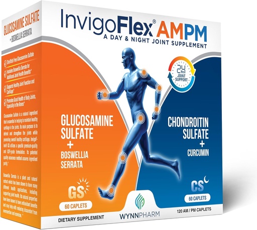 [BRSWGZT3AUCGCCTV] INVIGOFLEX® AMPM - Glucosamine & Chondroitin Sulfate - Turmeric Curcumin - Boswellia Serrata (Non GMO) for Knees, Hands, Back and Hip 24 - Hour Premium Joint Supplement