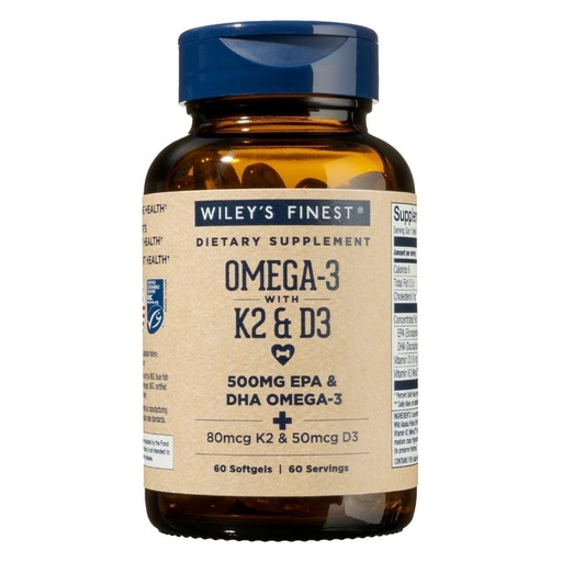 [BRSWGZ35BMNAIADF] Wiley's Finest Wild Alaskan Fish Oil Vitamin K2 & D3 Softgels - 500mg of EPA and DHA Omega-3s for Bone and Heart Health Support - 60 Softgels (60 Servings)